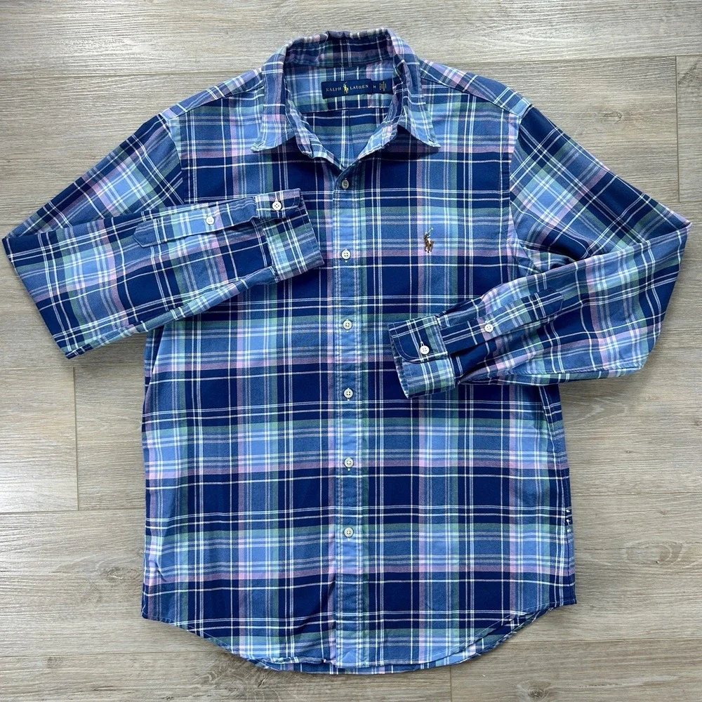 Polo Ralph Lauren Medium Blue Plaid Long Sleeve Button Down Flesh Pony